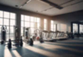 Abstract blurred fitness gym with equipment in the background, little sunlight coming in, blurry gym interior.