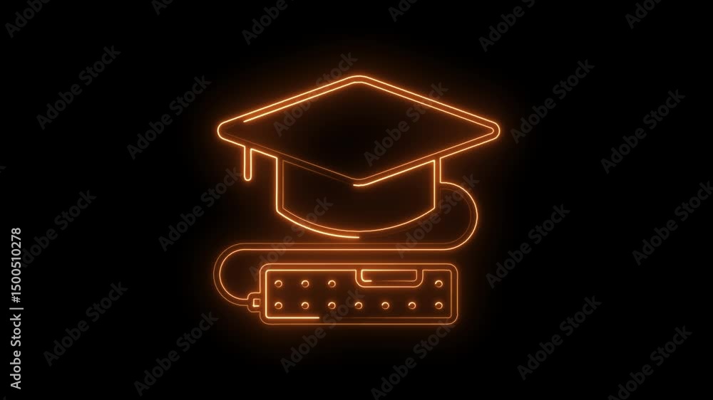 Poster neon graduation cap connecting to computer keyboard animated graphic background on black