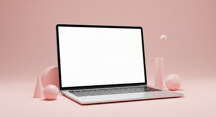 Laptop on pastel pink background