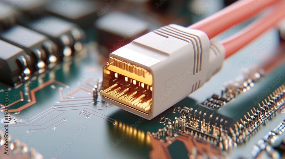 Poster close-up of a network connector plugged into a circuit board, showcasing intricate details