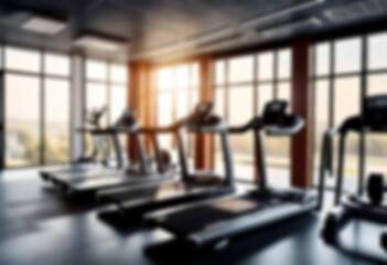 Fototapeta premium Abstract blurred fitness gym with equipment in the background, little sunlight coming in, blurry gym interior.