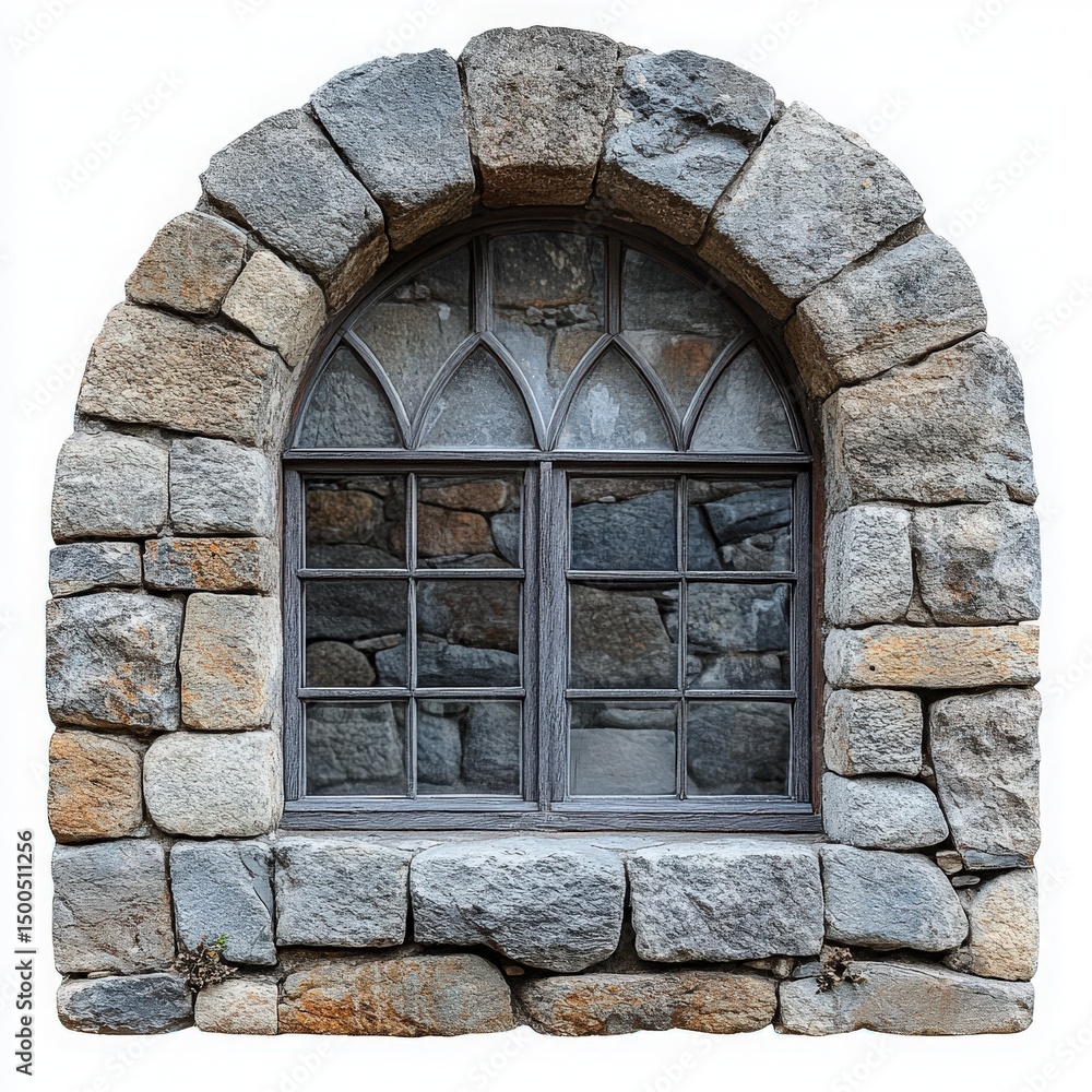 Poster medieval stone window frame with arched top and architectural design element