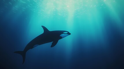 Fototapeta premium Majestic Orca Whale Gracefully Swimming in Ocean Sunlight. Wildlife, marine life, ocean conservation concept.