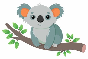 Koala Tree Branch Grey Fur Cute Animal Cartoon Digital Art