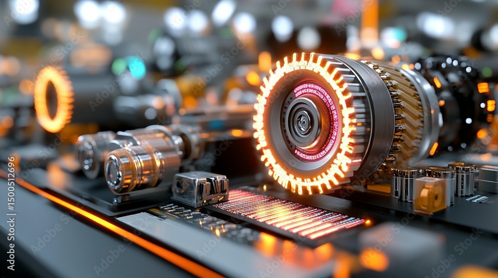 Poster close-up of intricate, glowing mechanical components, showcasing futuristic design and high-tech eng