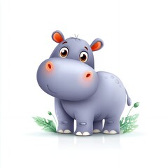 Naklejka premium Adorable Baby Hippo Cartoon Illustration with Green Leaves on White Background