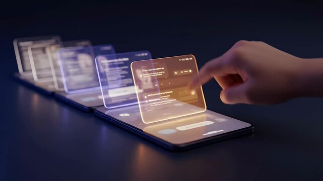 Interactive foldable smartphone display with glowing screens in dark modern interior