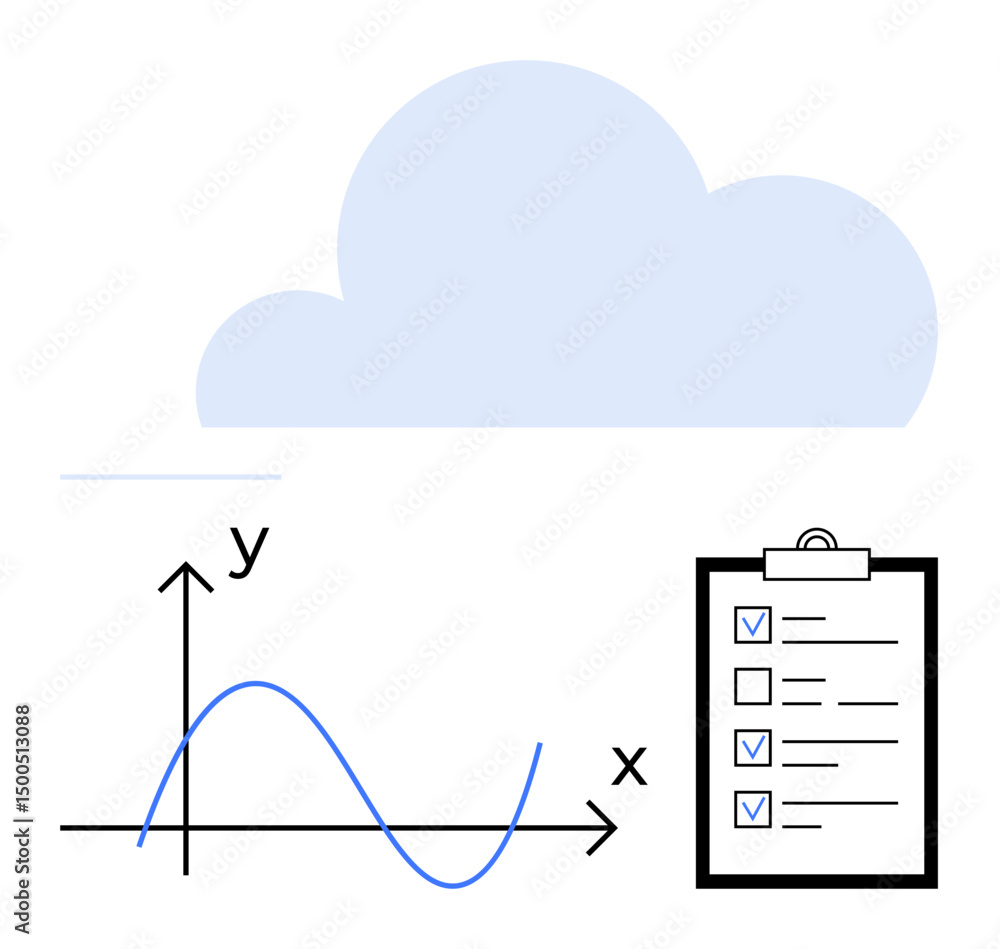 Poster cloud graphic, line graph with x and y axes, and checklist on clipboard. ideal for data management, 