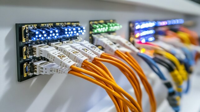 Close-up of network equipment with colorful Ethernet cables and illuminated circuit boards - Powered by Adobe