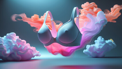 Floating Bra Mockup with Colorful Smoke and Abstract Background
