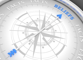 The needle of compass points to the word beliefs ignoring the words facts. Religion, science and business concept of opposites, decisions, and uncertainty. 3D render