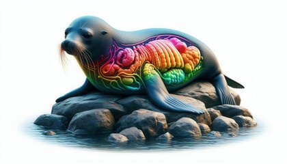 Fototapeta premium Exploring the intricate anatomy of a seal coastal rocks digital art vibrant environment side view marine biology concept