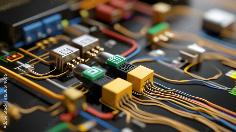 Poster close-up view of complex electronic circuit board with intricate components and colorful wires
