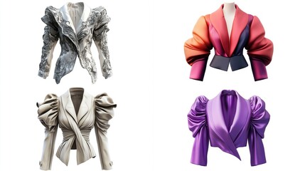 Four 3D-rendered women's jackets; two neutral, two colorful; all feature dramatic, voluminous puffed sleeves and asymmetrical wrap closures; different textures suggested