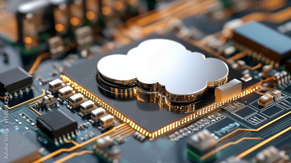 Poster cloud computing technology integrated into a circuit board. a silver cloud symbol sits atop a circui