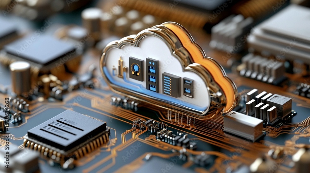 Poster cloud computing technology integrated into a circuit board. detailed view of cloud storage, processi