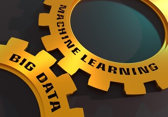 Deep learning, Machine learning and big data concept. Text on the mechanism of gears. 3D render