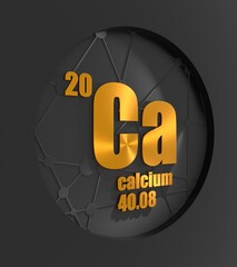 Calcium chemical element. Sign with atomic number and atomic weight. Chemical element of periodic table. Connected lines with dots. Circle frame. 3D render