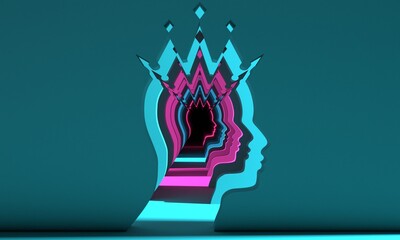 Background with young man face side view shaped empty corridor. Elegant silhouette of a king head. Avatar profile sign. 3D render