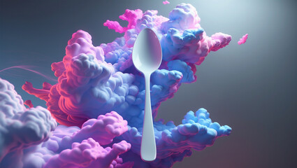 Fototapeta premium Floating Spoon Mockup with Colorful Smoke and Abstract Background