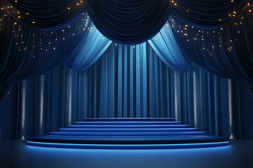 A blue stage with curtains and lights creating a theatrical and elegant presentation space for events