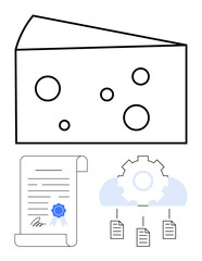 Cheese slice and contract symbolizing cybersecurity gaps, procedural flaws. Gear and documents in cloud for workflow, efficiency. Ideal for risk management, compliance, legal tech, productivity