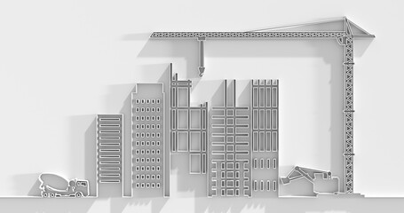 Urban construction innovative skyscrapers currently under development and planning. Tower crane on residential building construction. Construction site. Modern townhome building. 3D render