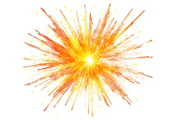 A bright explosion of orange and yellow lines radiating from a central point on white background