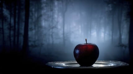 Enchanted Forest: A Dark Red Apple on a Silver Plate