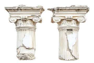 Obraz premium Two weathered ionic columns stand against a stark white backdrop showcasing architectural decay and antiquity