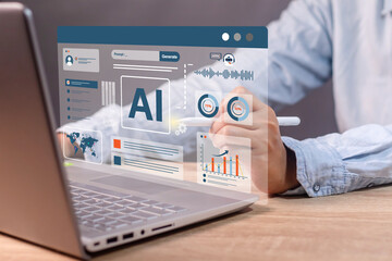 A woman using AI technology for image generator, video generator or text generator on laptop