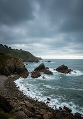 Fototapeta premium Photo of a Cloudy Seascape with Rocks Coast and Waves in a Dramatic Scene