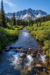 Obraz premium Mountain stream flowing through lush valley
