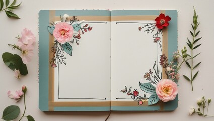 Journal-style image frame with taped borders and floral doodles