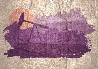 Energy and power industrial concept. Oil derrick and gas storage tank against brush painted sunset landscape.