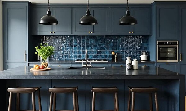 Modern kitchen interior featuring blue cabinetry, stylish pendant lights, and a vibrant backsplash