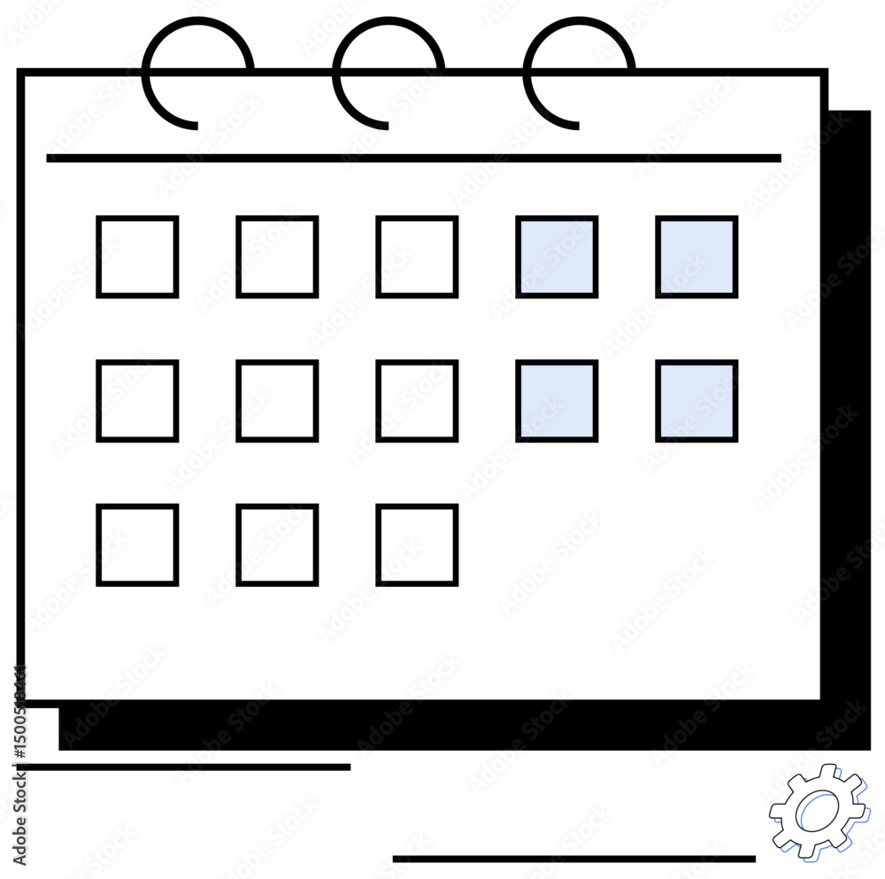 Poster calendar with grid layout and two highlighted dates, gear graphic in corner. ideal for scheduling, p