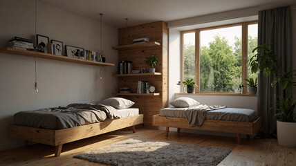 wooden furniture in compact cozy bedroom with mini bed natural warm tones rustic modern style peaceful home interior interior design wallpaper background