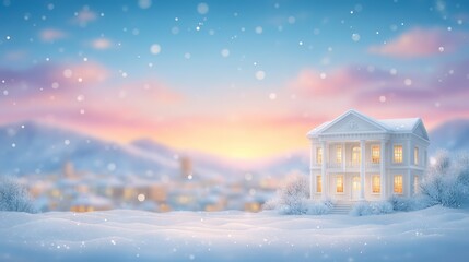 Winter Wonderland House  Snowy Sunset  Dream Home  Cozy Cottage  Christmas Card