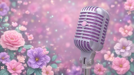 Lavender Retro Microphone in Blooming Flower Garden