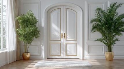 Elegant White Interior Doorway with Plants  Modern Home Decor