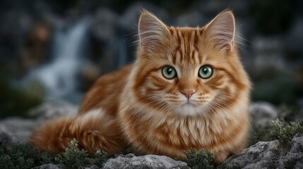 Adorable Ginger Cat on Mossy Rocks by Waterfall