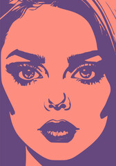 Young woman face front view in low key style. Elegant silhouette of a female head.