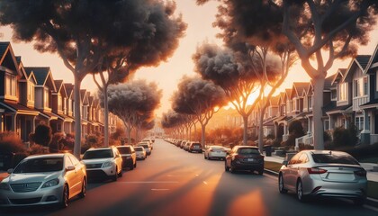 Fototapeta premium Suburban scene during sunset with parked cars, leafy trees, and soft warm glow across residential street