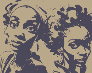 Two Afro American women face front view in low key style. Elegant silhouette of a female heads.