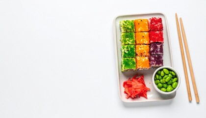 Colorful Rainbow Sushi Rolls with Edamame and Ginger