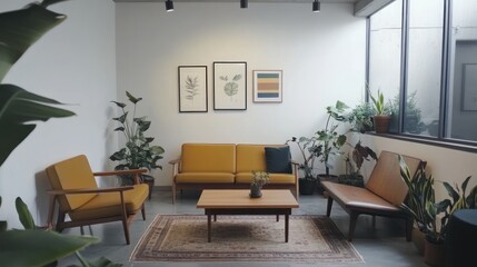 Modern, minimalist living area with muted tones and plants.