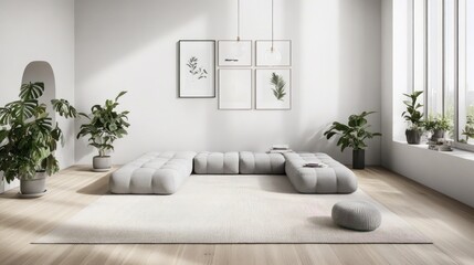 Modern light gray sectional sofa arrangement in a bright living area.