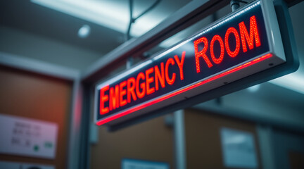 Measles Outbreak concept ,Emergency room sign illuminated in red, indicating urgent medical care needed