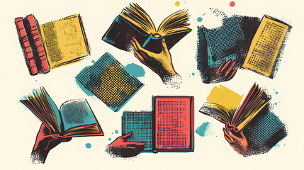Books halftone art collage cut outs set. Various paper clipping shapes, hands holding open books stickers with vintage dotted texture and doodles. Modern retro grunge mixed media 